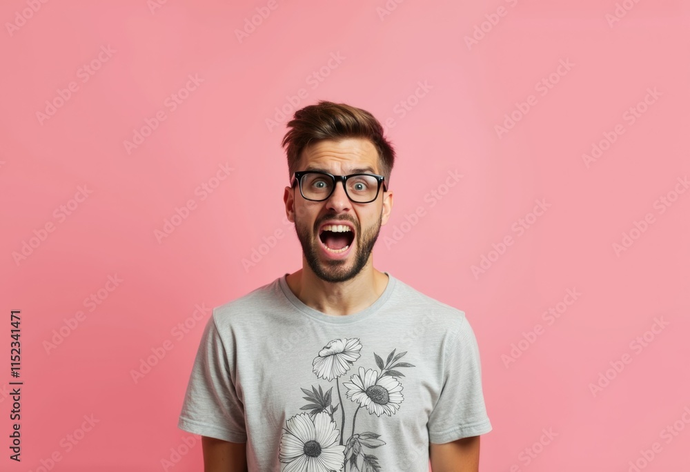 Obraz premium A man with glasses and a beard screams in shock.