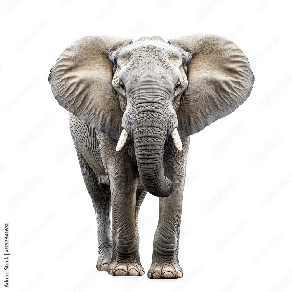 Fototapeta premium An elephant is seen in a full frontal pose against a stark white background