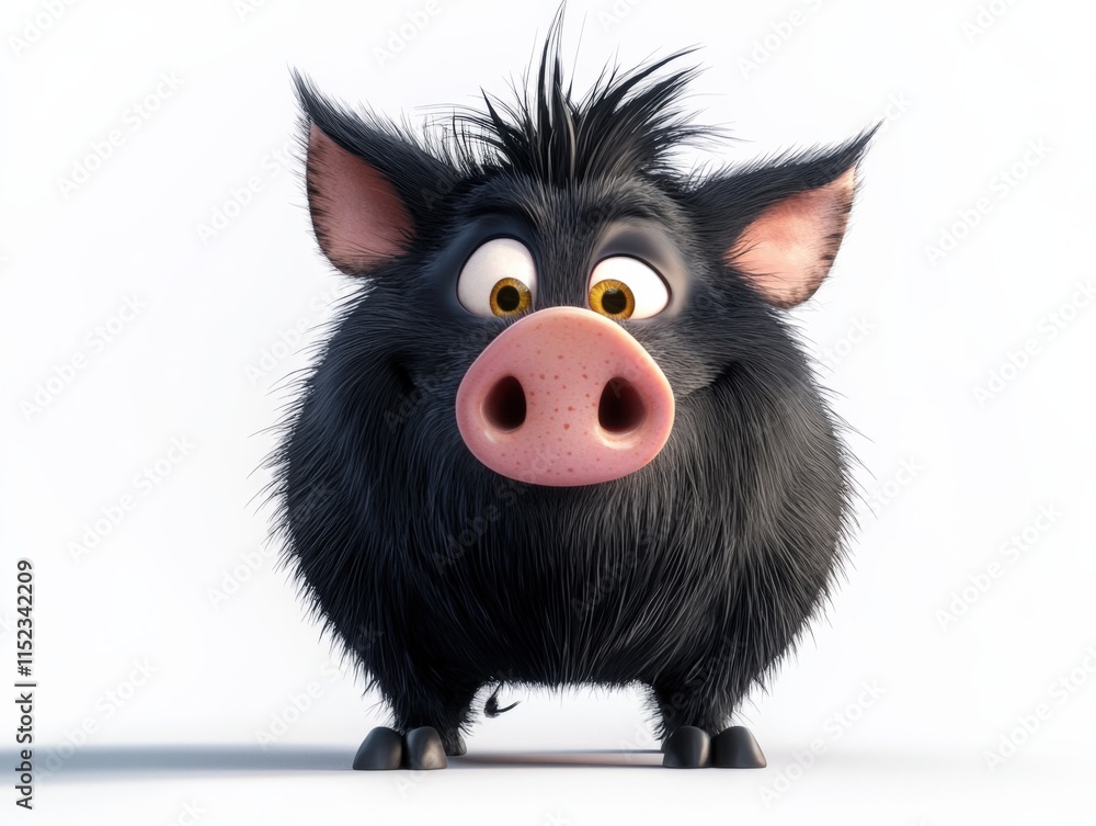 A black cartoon pig with pink snout and yellow eyes stands against a white background A black cartoon pig with pink snout and yellow eyes stands against a white background
