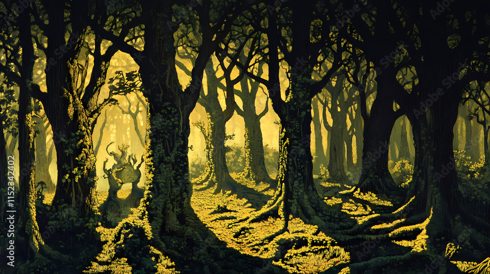 Naklejka premium a dense forest with tall, ancient trees covered in thick moss, the sunlight filtering through the canopy and casting dappled shadows on the forest floor. Dappled. Illustration
