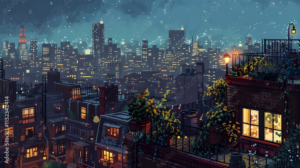 Fototapeta premium City skyline illuminated at night with lively rooftop terrace and city lights