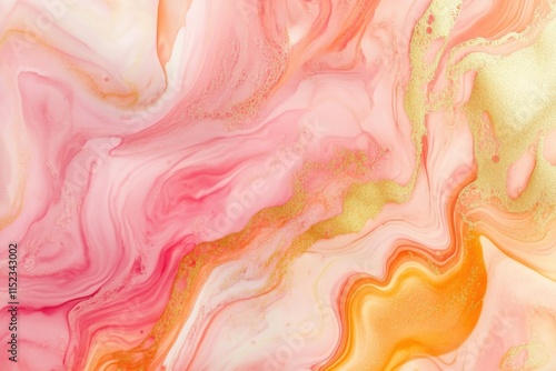 Organic abstract background with vibrant pink, orange, and gold ink swirls forming a marbled texture