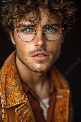 Close-up of a young male model in a designer's eyewear collection, showcasing the fashion-forward frames and modern style photo