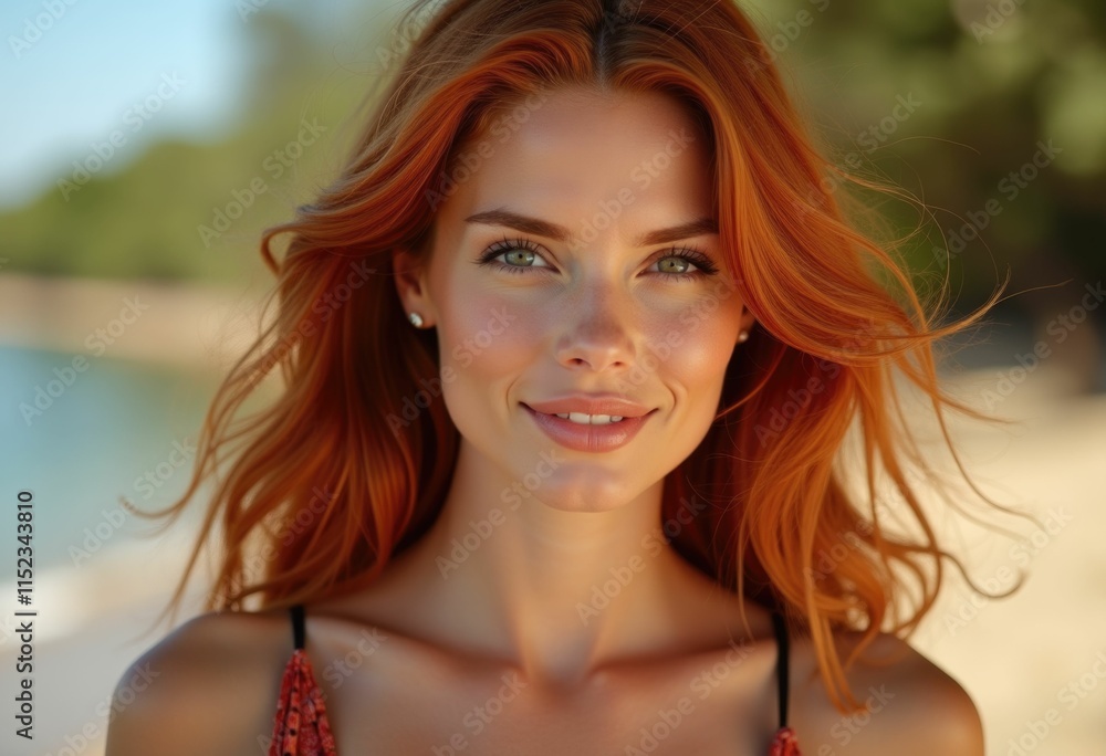 Fototapeta premium A woman with long red hair smiles gently her eyes sparkling.