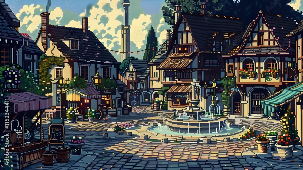 Obraz premium Charming medieval town square with fountain and shops under a cloudy sky