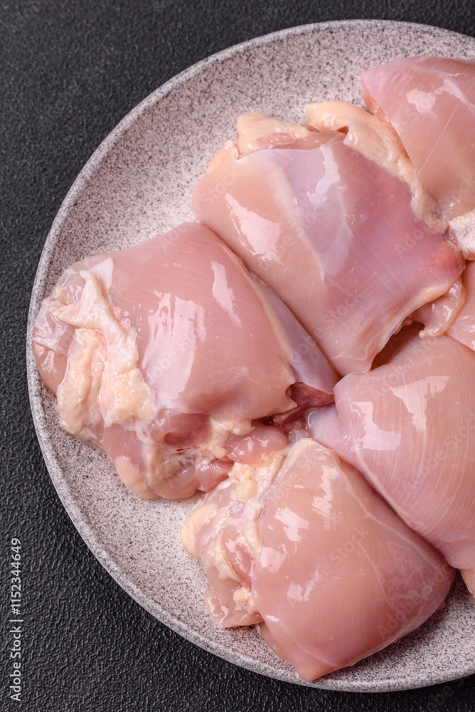 Fresh raw chicken thigh fillets with salt, spices and herbs Fresh raw chicken thigh fillets with salt, spices and herbs