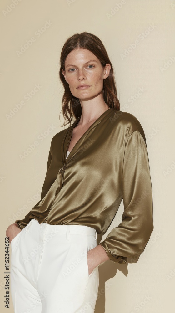 Elegant woman in mocha mousse silk blouse studio setting fashion minimalist environment close-up view Elegant woman in mocha mousse silk blouse studio setting fashion minimalist environment close-up view