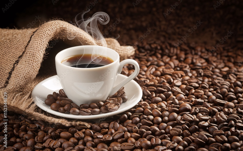 Fototapeta premium Coffee, Steaming coffee cup on coffee beans.