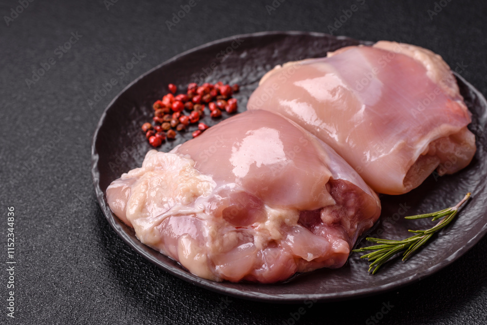 Fresh raw chicken thigh fillets with salt, spices and herbs Fresh raw chicken thigh fillets with salt, spices and herbs