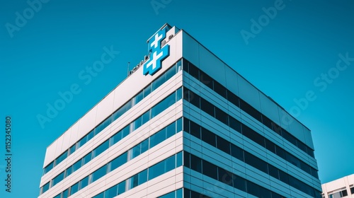  photograph of hospital building with modern logo signage design, clear blue sky 