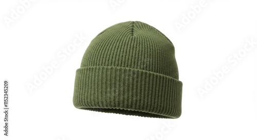 Green  color mercerized knitted cap isolated on white background. Winter sports clothes.
 photo