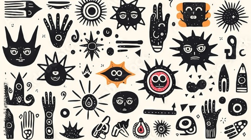  Handdrawn grungy punk linocut shapes, retro naive groovy icons. Charcoal marker scribble elements - geometric shapes, eye, crown, star, flower. Vector illustration of crayon pencil lino doodles --