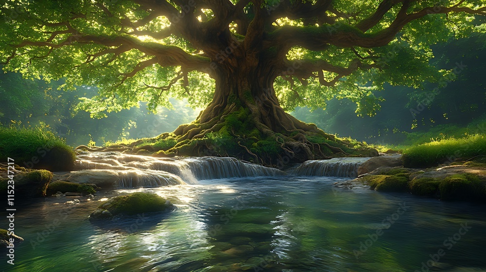 Fototapeta premium Ancient tree with lush foliage, massive roots, and cascading waterfall.