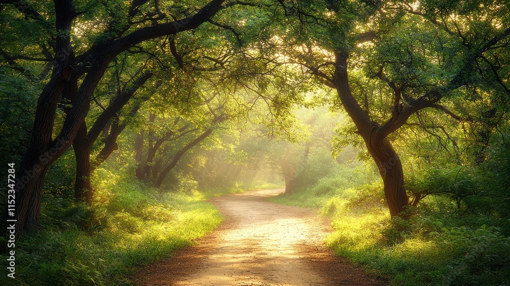 Naklejka premium Tranquil forest pathway serene landscape nature morning light peaceful environment dreamy concept