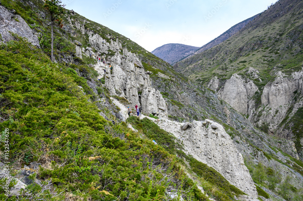 Fototapeta premium Stone formations on the slope of a high mountain under a clear summer sky. Stone mushrooms, Altai.