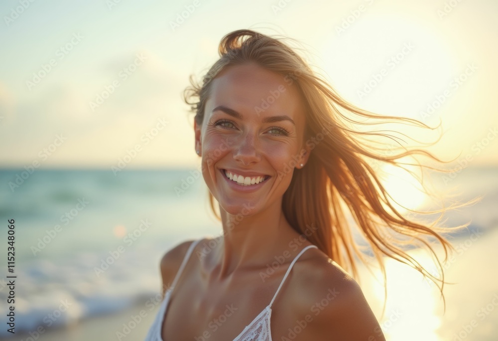 A woman smiles brightly on a beach with the sun shining behind her. A woman smiles brightly on a beach with the sun shining behind her.