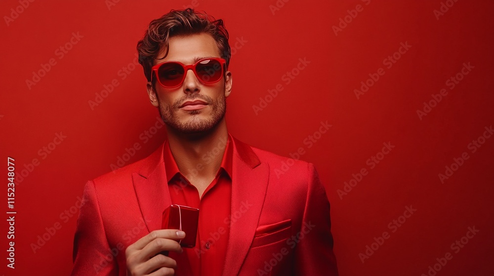 Fototapeta premium A man wearing red sunglasses and holding a red lighter stands out against a plain background.
