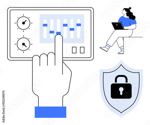 Hand adjusting panel with sliders and dials, person using laptop, security shield icon with lock. Ideal for technology, security, remote work, control systems, digital data protection, user
