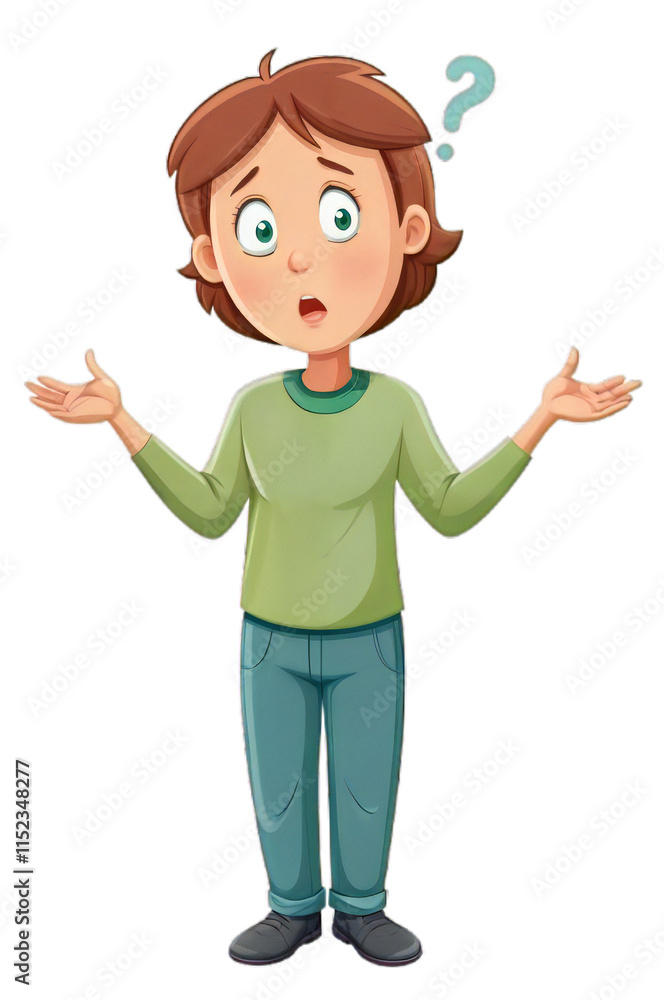 An animated character with short brown hair wears a light green shirt and blue jeans. The character's puzzled expression is highlighted by a question mark. An animated character with short brown hair wears a light green shirt and blue jeans. The character's puzzled expression is highlighted by a question mark.
