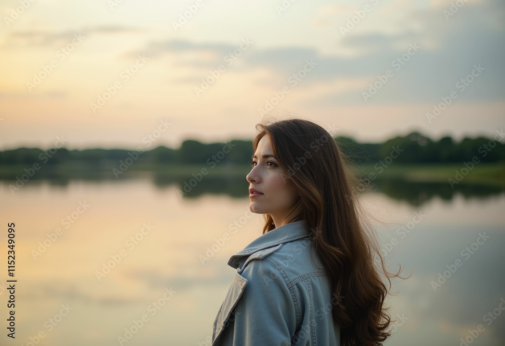 A woman in a denim jacket gazes out at a calm lake during golden hour. A woman in a denim jacket gazes out at a calm lake during golden hour.