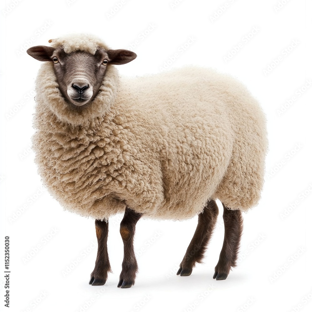 Woolly sheep stands alone on a white backdrop, showcasing its fluffy fleece and curious expression Woolly sheep stands alone on a white backdrop, showcasing its fluffy fleece and curious expression