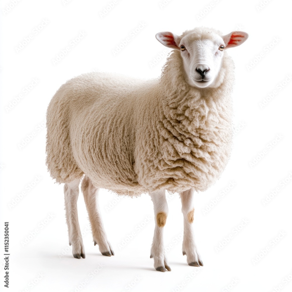 Fototapeta premium A fluffy sheep with thick wool is isolated against a plain white background, exuding tranquility