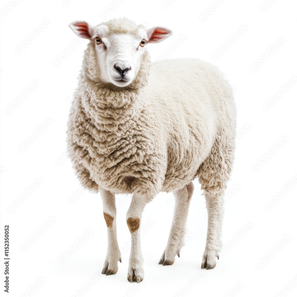 A fluffy white sheep stands alone against a bright white backdrop, radiating tranquility A fluffy white sheep stands alone against a bright white backdrop, radiating tranquility