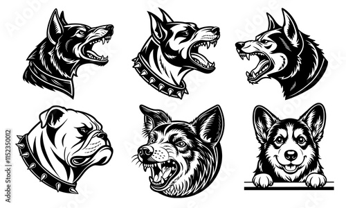 Dog breeds vector illustration. Different dogs head portrait hand drawn black on white background. Aggressive dog head photo