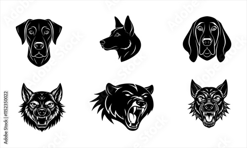 Dog breeds vector illustration. Different dogs head portrait hand drawn black on white background. Aggressive dog head photo