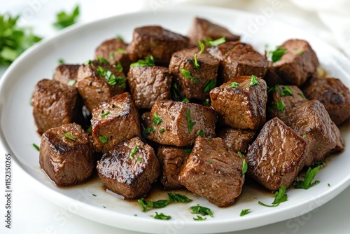 Tender steak bites coated in honey garlic sauce are plated and garnished for a delicious meal