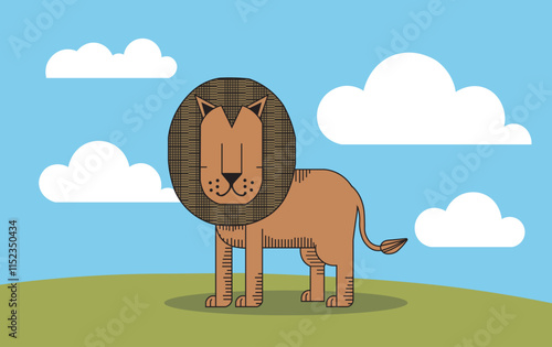 Cute cartoon lion, simplified geometric style, flat colors, blue sky with white clouds, green grass