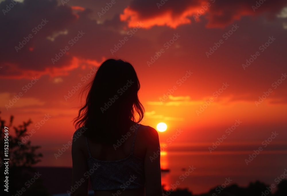 Silhouette of a woman watching the sunset over the ocean. Silhouette of a woman watching the sunset over the ocean.