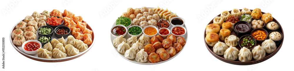 Three platters of assorted dim sum and dipping sauces are isolated on a transparent background. Three platters of assorted dim sum and dipping sauces are isolated on a transparent background.