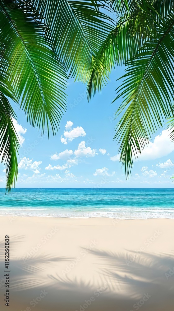 Fototapeta premium Tropical Beach Paradise: Sand, Ocean, Sky, and Palm Trees