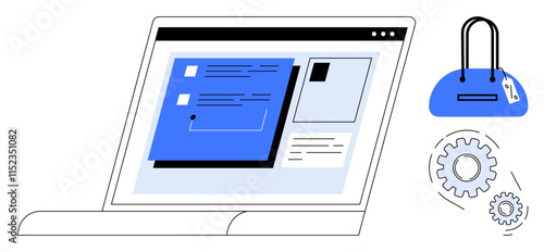 Laptop screen displaying e-commerce interface with shopping bag and gears symbolizing process. Ideal for online shopping, e-commerce platforms, digital marketing, website design, consumer goods