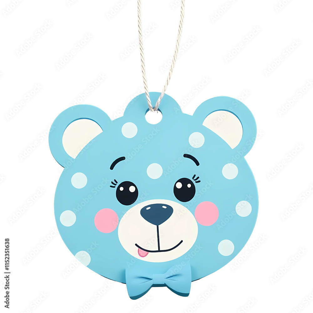 Fototapeta premium Blue bear-shaped tag with polka dots and a bow, perfect for personalized gifts or children’s items