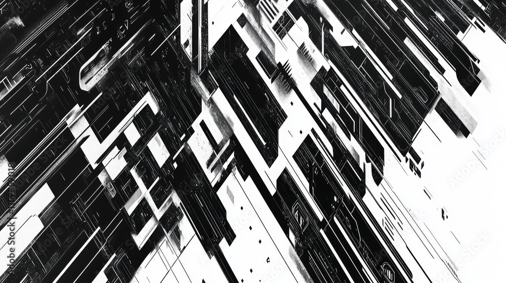 solid black and white cybernetic futuristic lines, abstract, angular -- solid black and white cybernetic futuristic lines, abstract, angular --