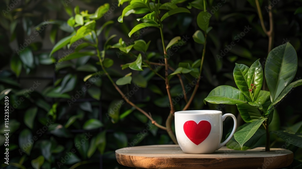A white mug featuring a red heart sits on a wooden table surrounded by green foliage. Love, romance, hearts, affection,togetherness, Valentine's Day celebration concept.
