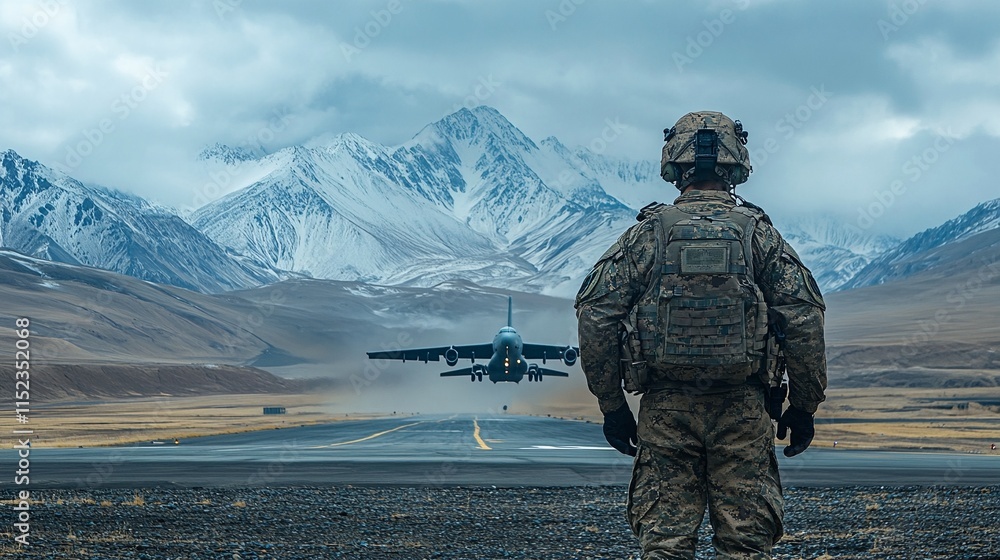 A military soldier watching an airplane taking off from a runway. A military soldier watching an airplane taking off from a runway.