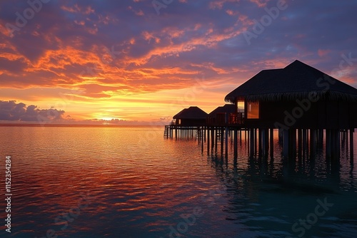 Breathtaking Sunset over Tranquil Water Bungalows with Vibrant Sky and Reflections on Calm Sea in Tropical Paradise, Ideal for Travel and Relaxation Themes