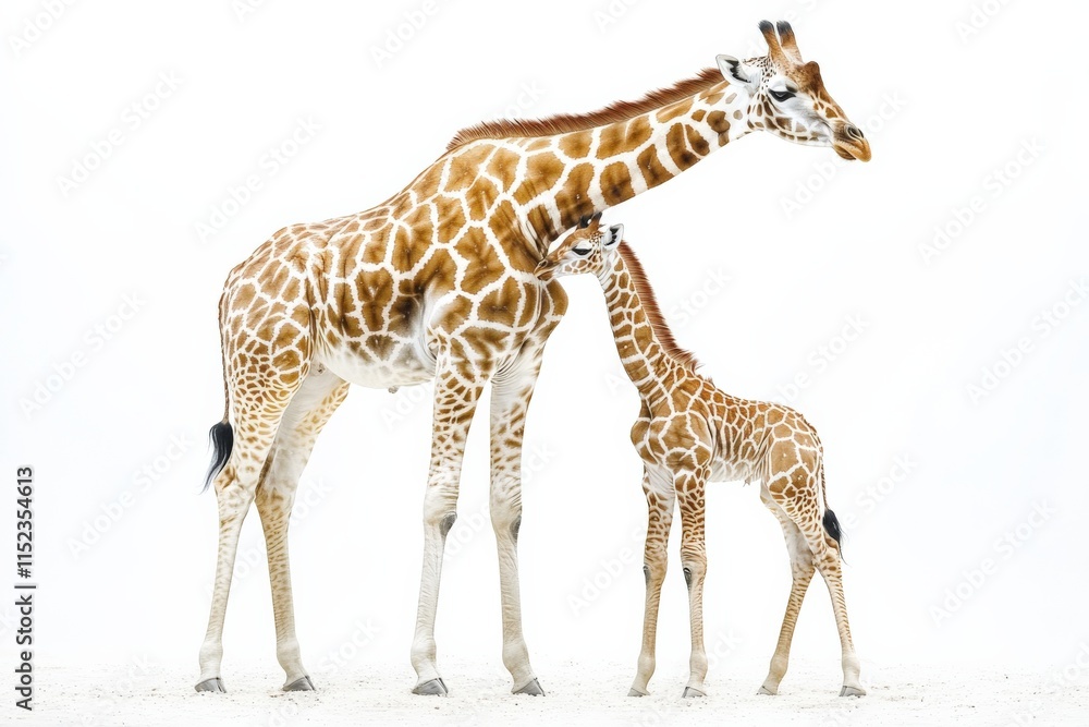 Naklejka premium A baby giraffe standing near its mother in a white background