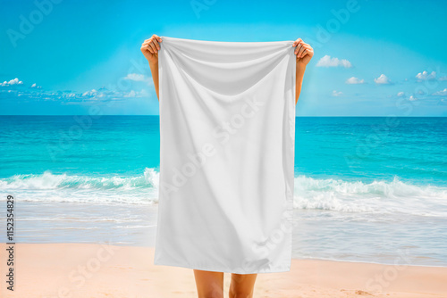 Person Holding Large White Towel on Sunny Beach Day