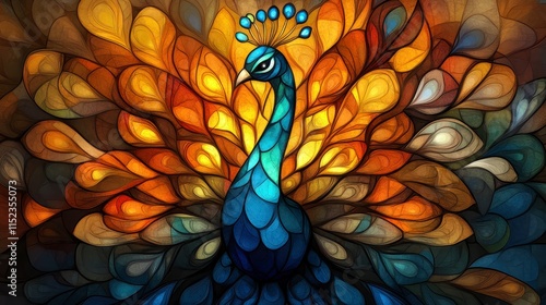 A vibrant peacock in a stained glass style, showcasing colorful feathers against a warm, glowing background.