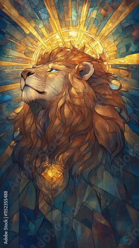 A majestic lion with a radiant mane, surrounded by vibrant colors and light, symbolizing strength and nobility. photo