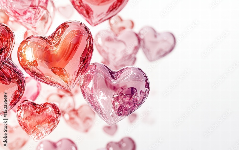 A cluster of shiny pink and red hearts hovering against a bright white backdrop, with a clean and elegant composition A cluster of shiny pink and red hearts hovering against a bright white backdrop, with a clean and elegant composition