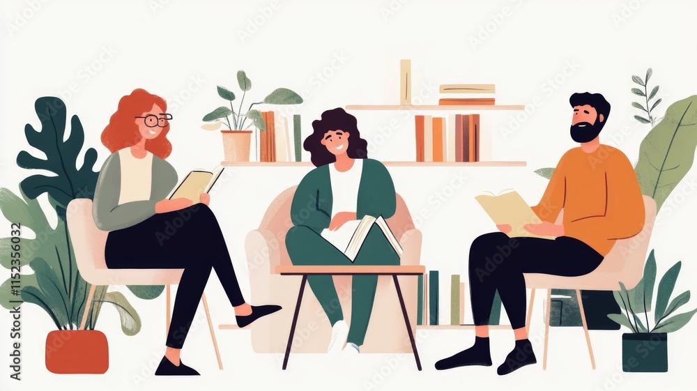 Cozy group reading session in a modern living room with greenery and bookshelves Cozy group reading session in a modern living room with greenery and bookshelves