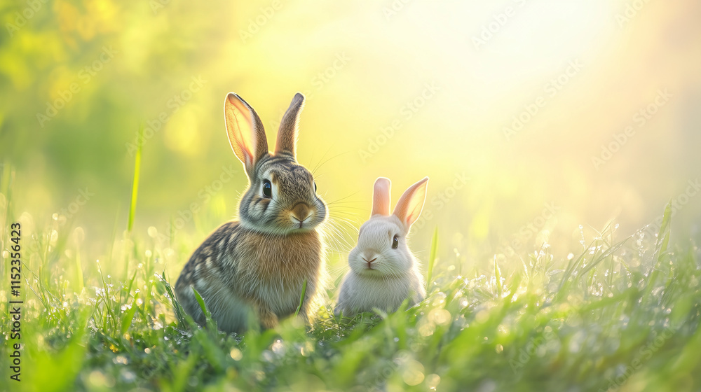 Obraz premium Two adorable rabbits sitting in sunlit grassy meadow