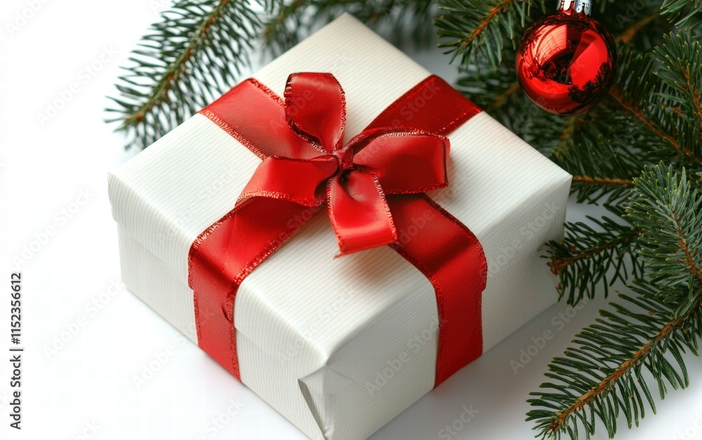 Christmas composition on a bright white background with a gift box, with red ribbon, fir branches, Christmas tree toys, real transparent neutral shadow. copy space for the design of your greetings Christmas composition on a bright white background with a gift box, with red ribbon, fir branches, Christmas tree toys, real transparent neutral shadow. copy space for the design of your greetings