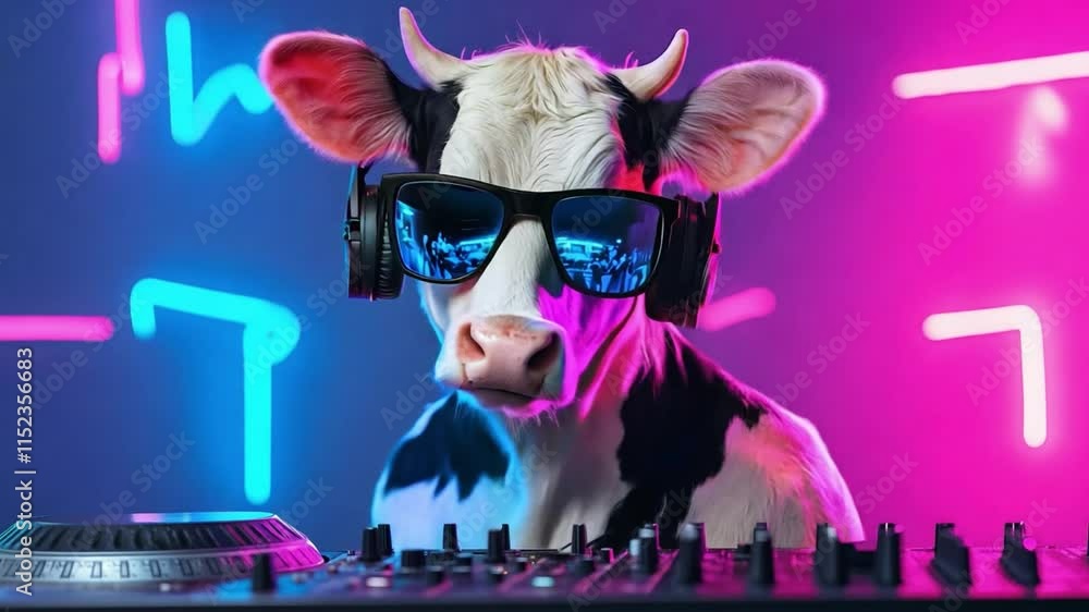 A cool cow dj wearing sunglasses and headphones, mixing music tracks on a turntable in a colorful party setting filled with neon lights
