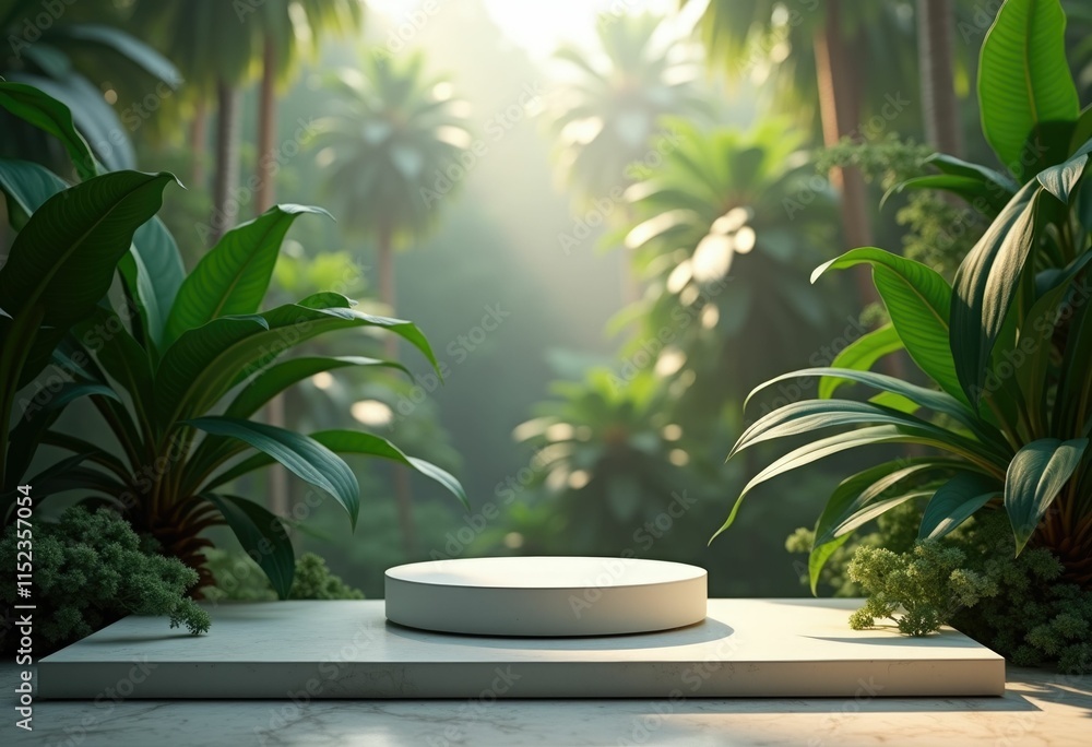 Fototapeta premium White podium in a lush green tropical jungle setting with sunlight shining through the foliage.